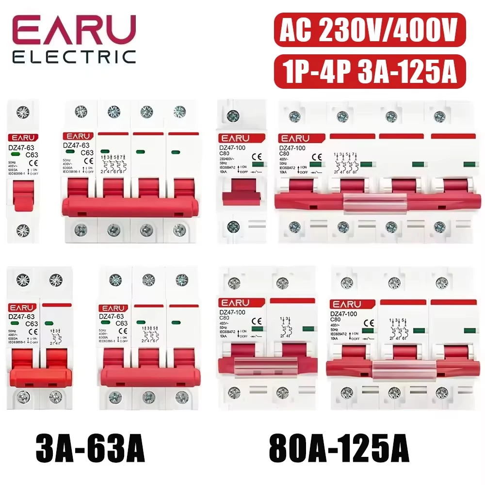 1P 2P 3P 4P DZ47 3A-125A Мини-выключатель переменного тока 230 В 400 В типа C MCB Защита от короткой перегрузки Монтаж на DIN-рейку Разрывная способность